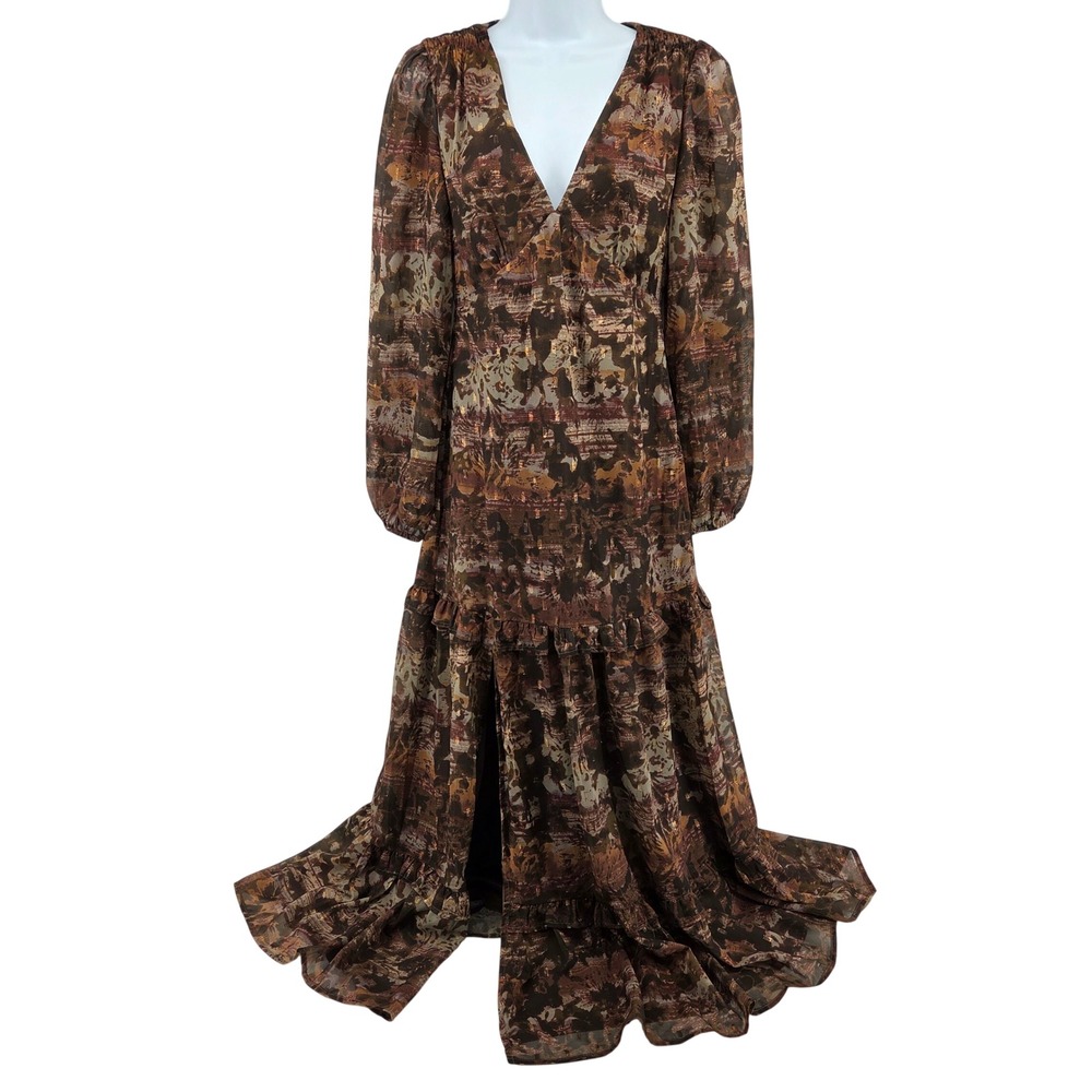 12th Tribe Raindance Long Sleeve Maxi Dress S Brown Floral Abstract Boho - Picture 2 of 10